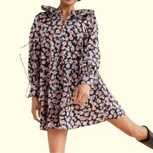 H&M Womens Size MEDIUM Flounce Collared Floral Dress Scalloped Cotton Breathable